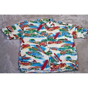Monticelli Hawaiian Shirt Mens XL Rayon Surf Car Woody Aloha Print